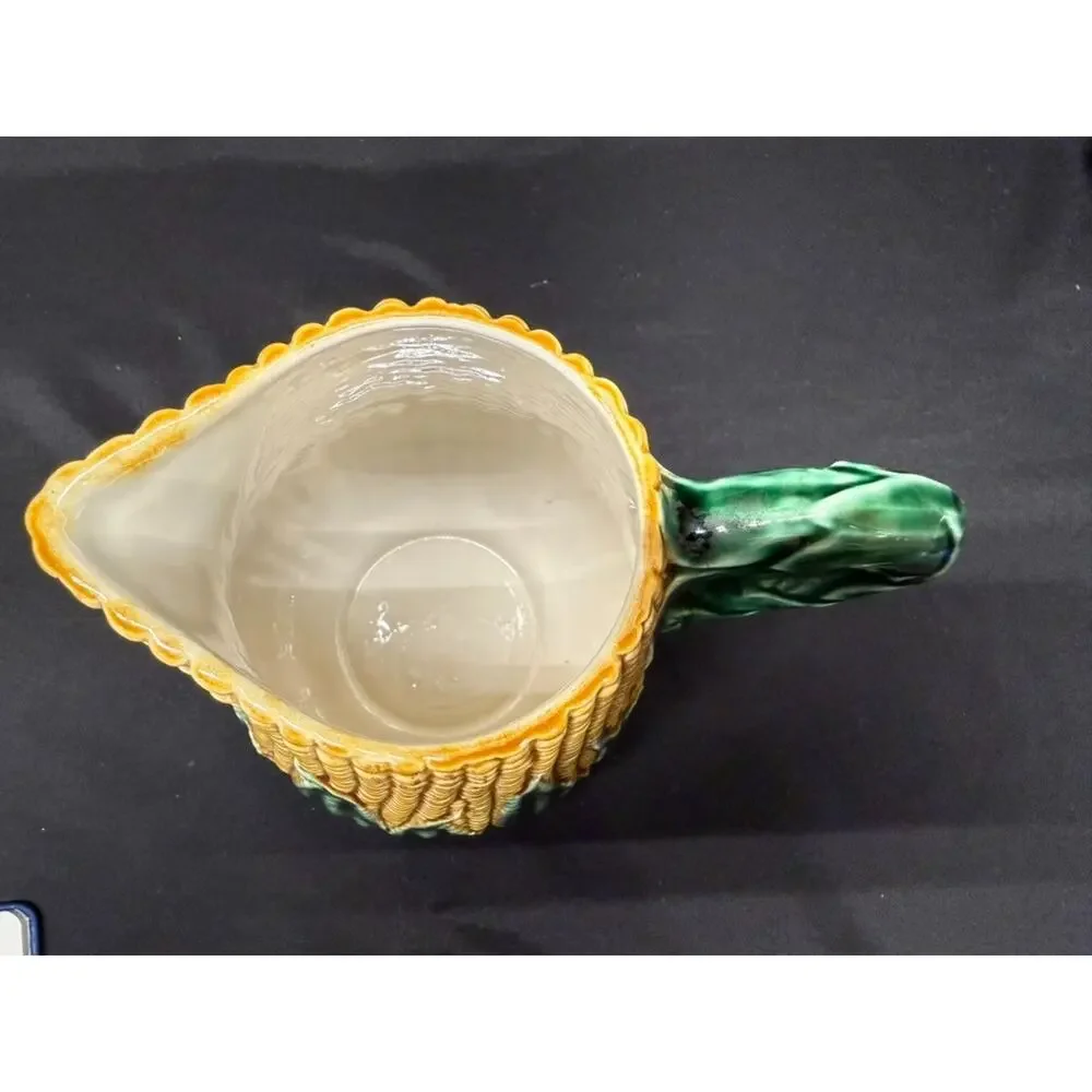 Vintage corn & husk pitcher ceramic majolica style portugal 8 inch yellow green